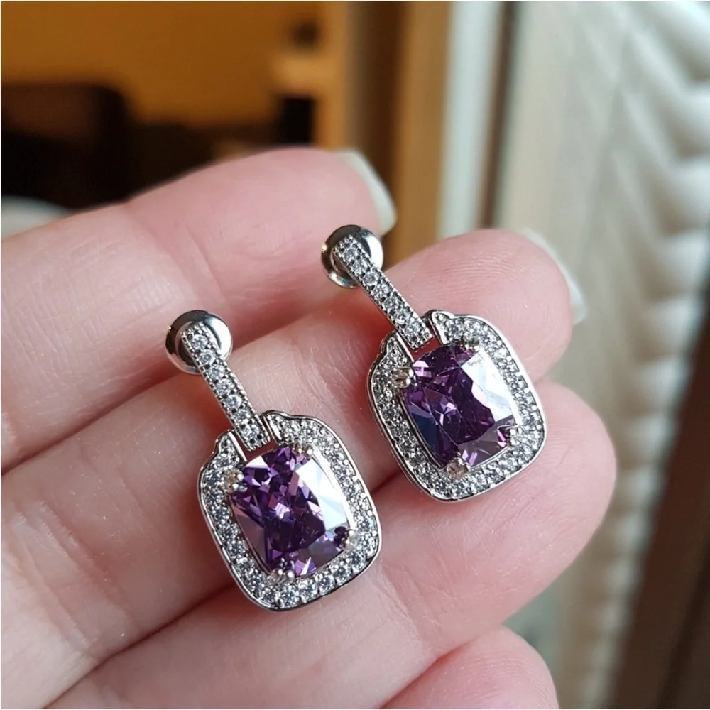 Swarovski Elements Amethyst Purple Emerald-cut Halo Earrings NEW - Picture 10 of 14